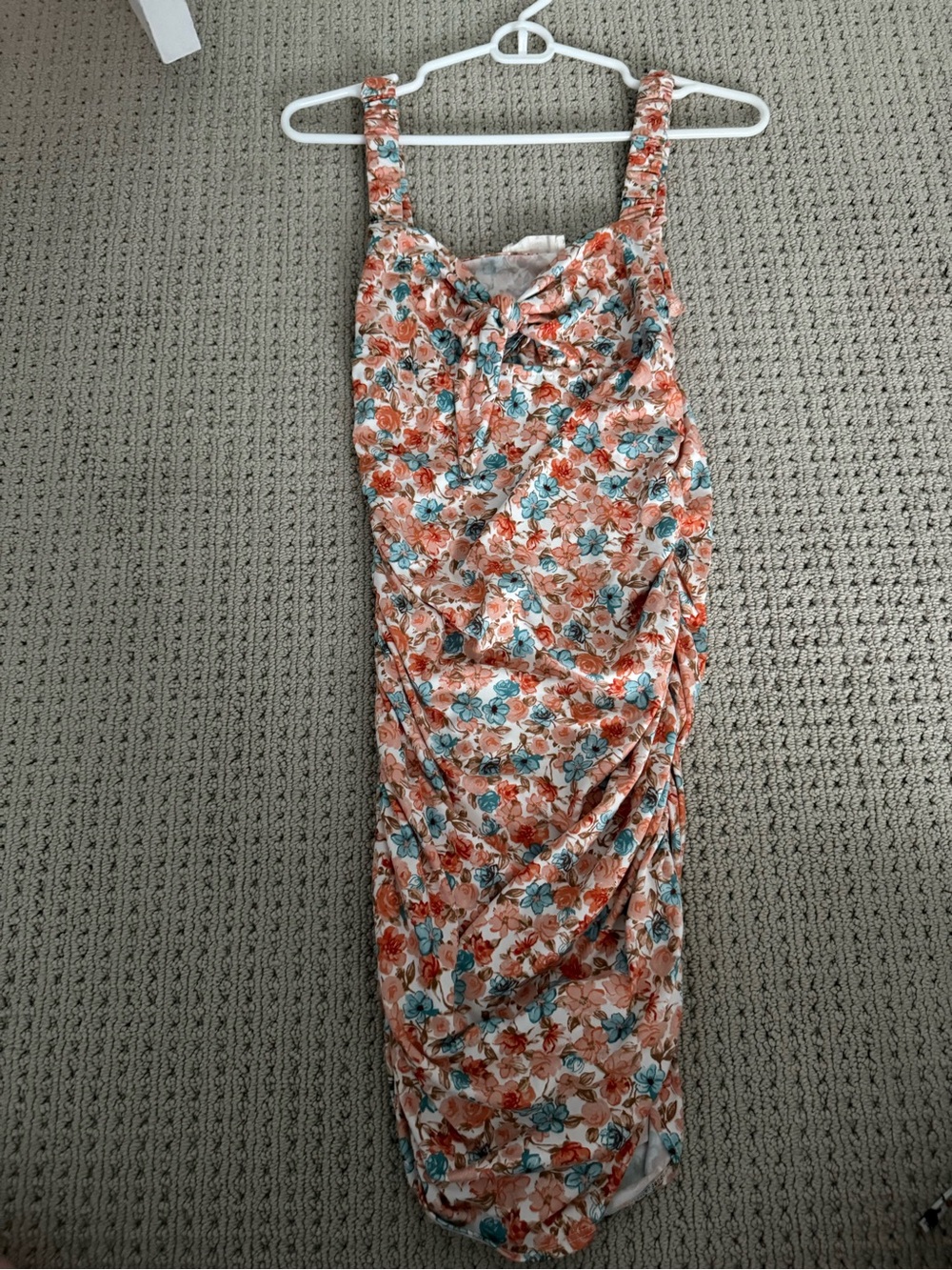 Pinkblush Coral & Teal Floral Ruched Mini Dress